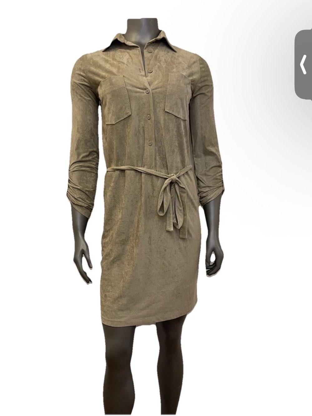 Max Studio Dress Women’s Small Faux Suede Tan Tie Belt Button Up Collared